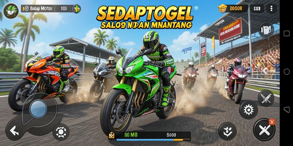 Screenshot gameplay SEDAPTOGEL menampilkan balapan motor yang seru.